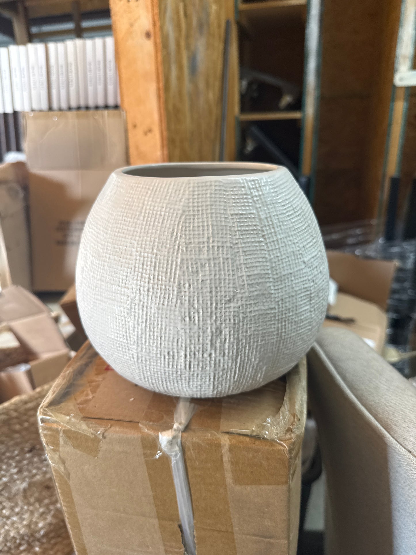 White Crosshatch Textured Globe Vase