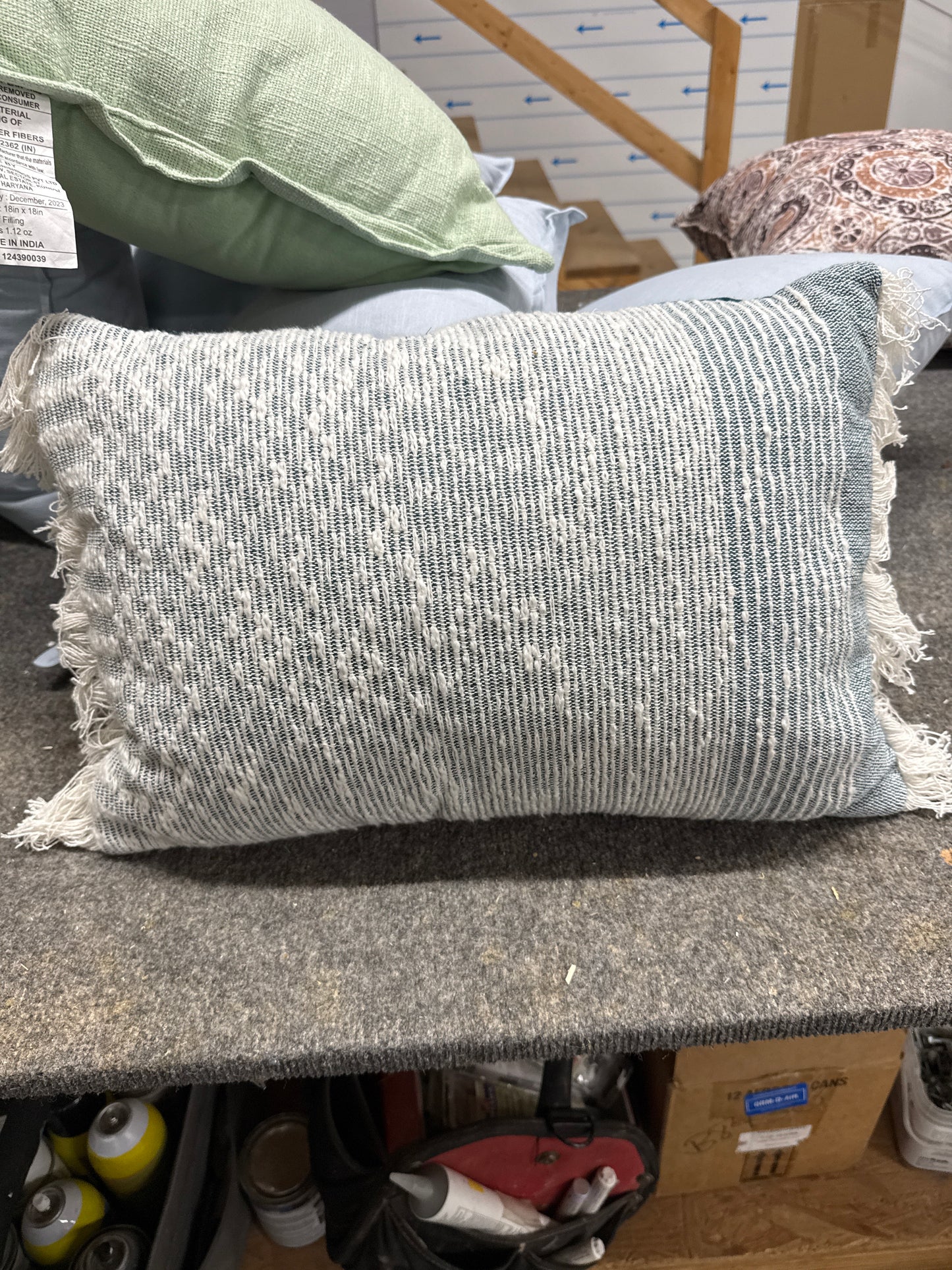 Gray Woven Fringe Lumbar Pillow