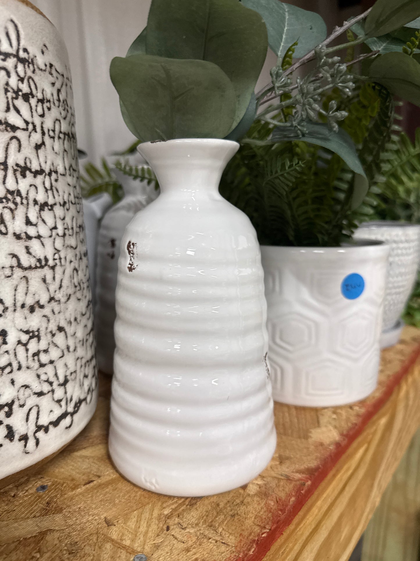 White Ribbed Ceramic Bud Vase