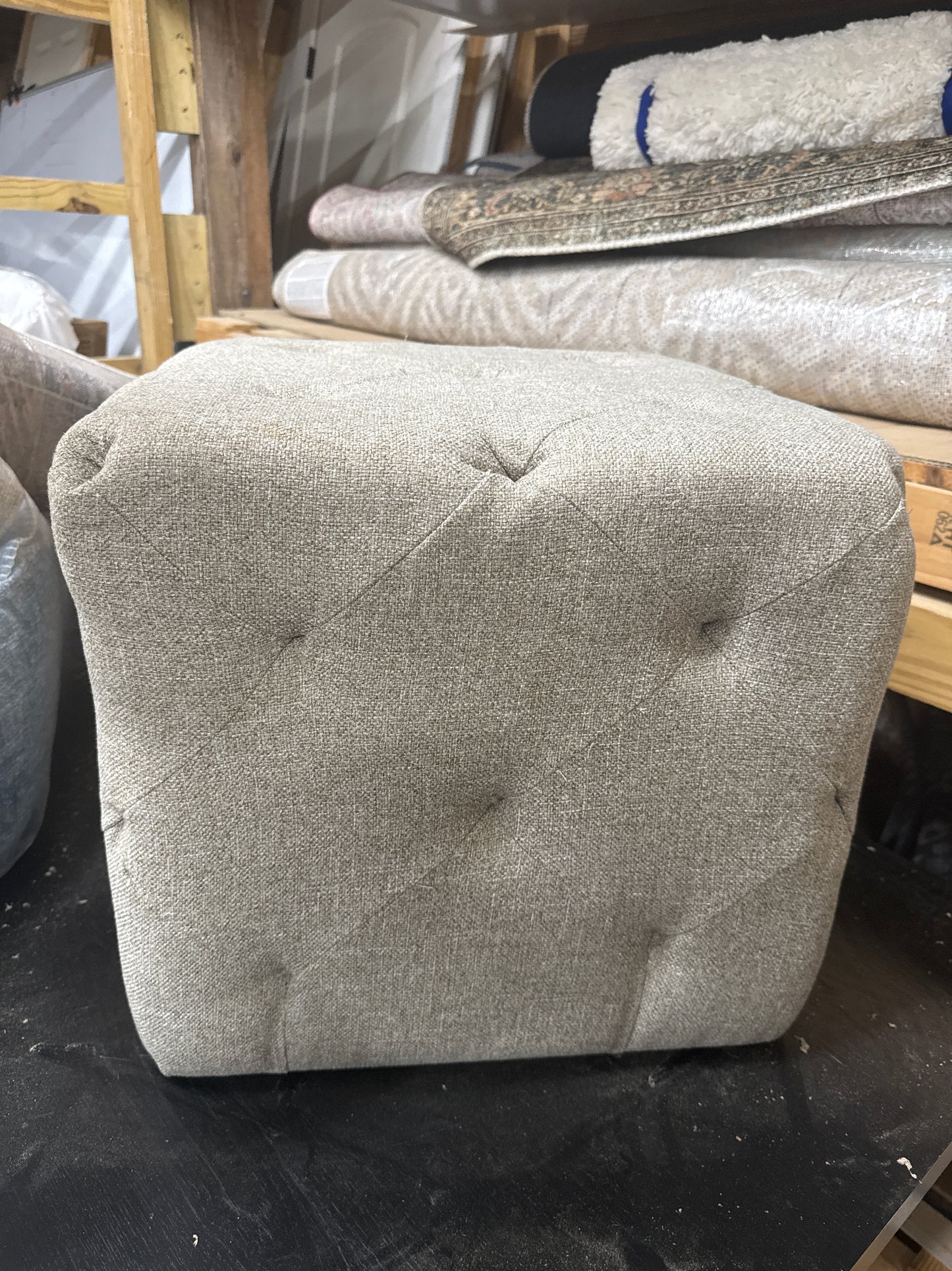 Tufted Cube Ottoman in Natural Linen