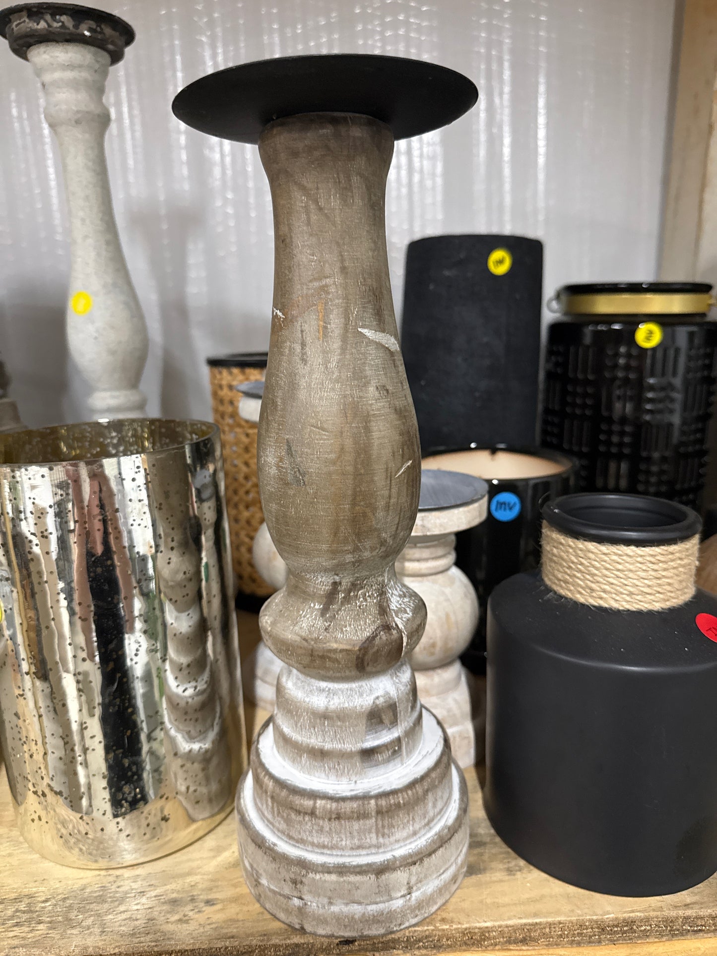 Rustic Wood Pillar Candlestick with Black Metal Top