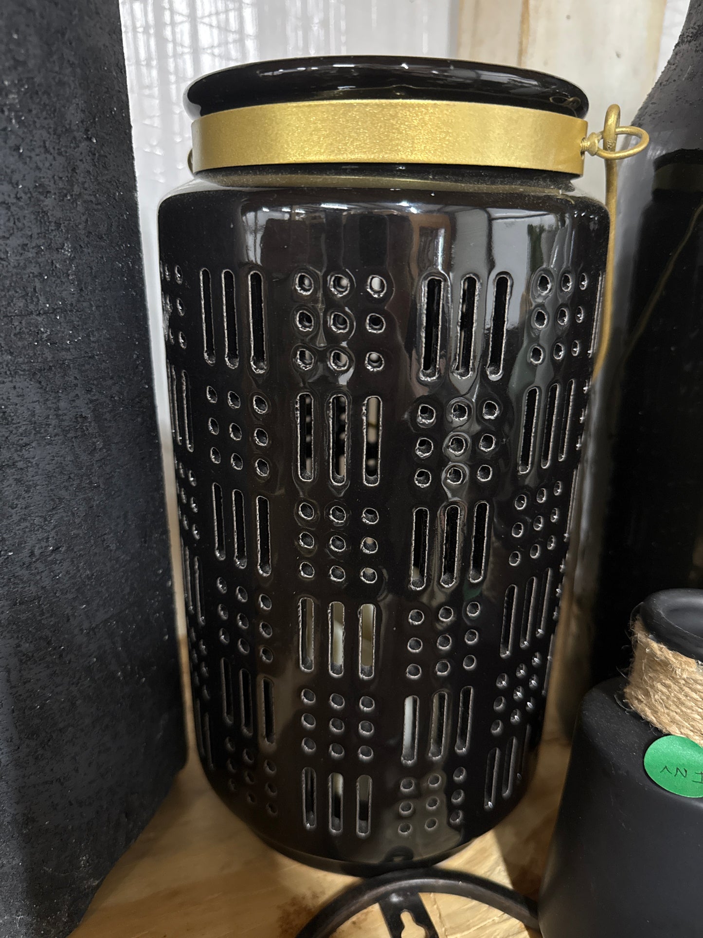 Black & Gold Pierced Ceramic Lantern Jar