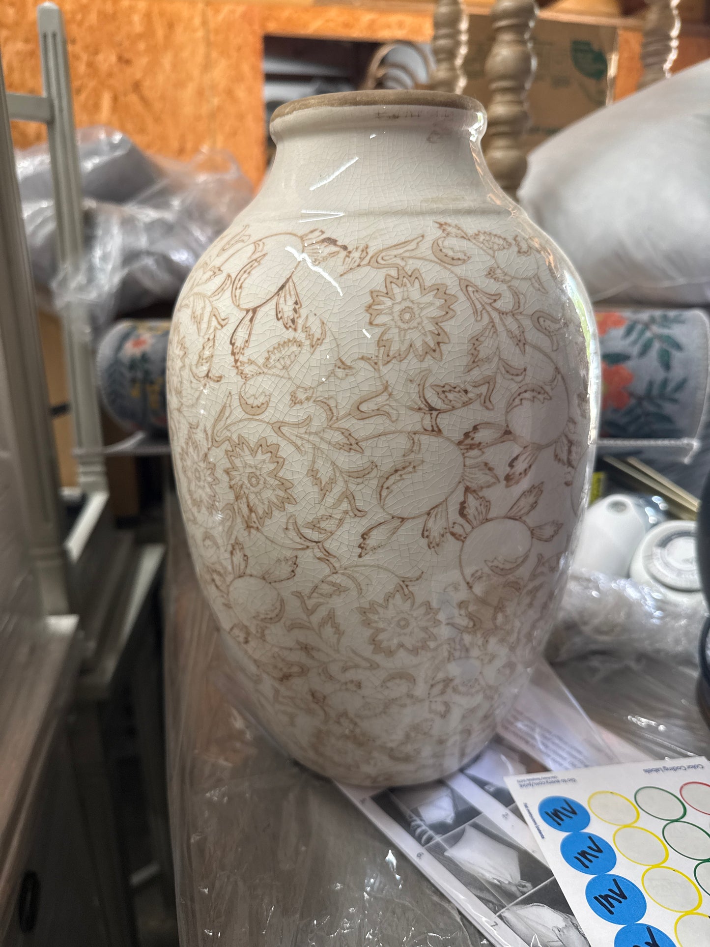Cream Floral Etched Ceramic Vase
