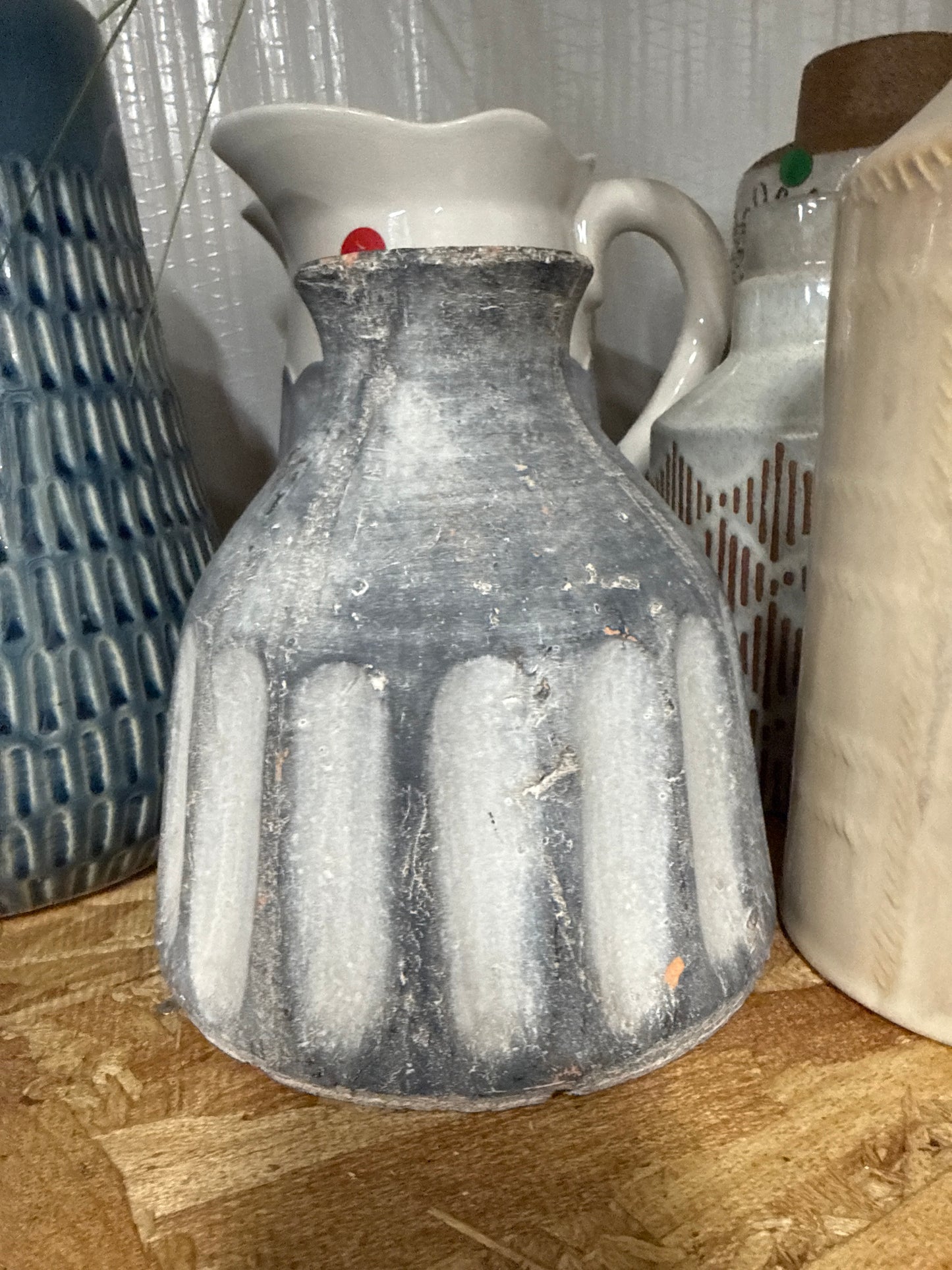 Distressed Gray & White Ceramic Pitcher Vase