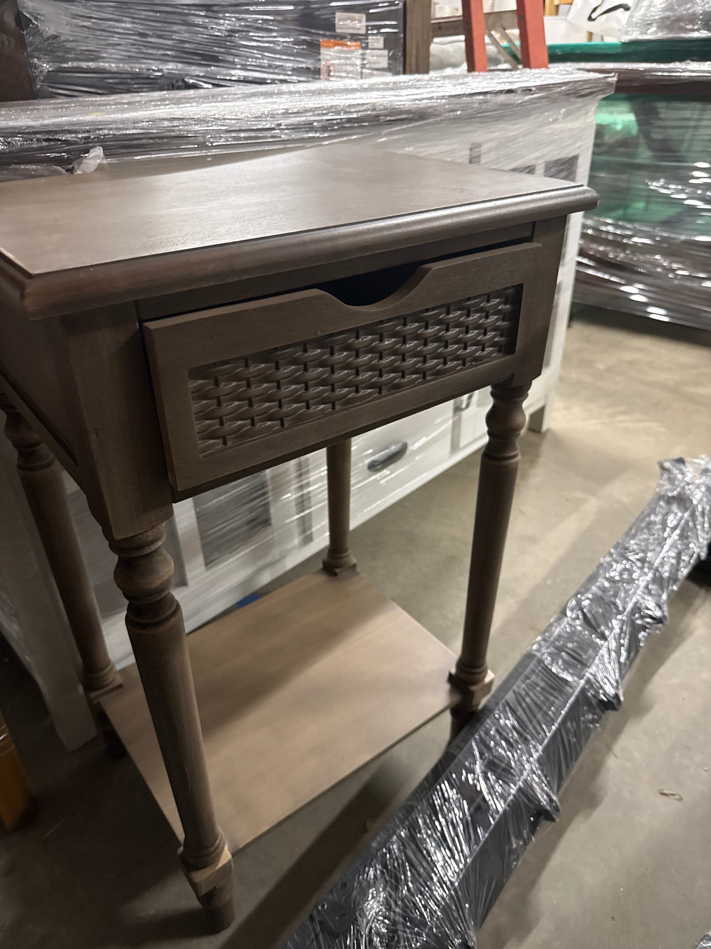 Taupe Wood End Table with Woven Drawer and Shelf