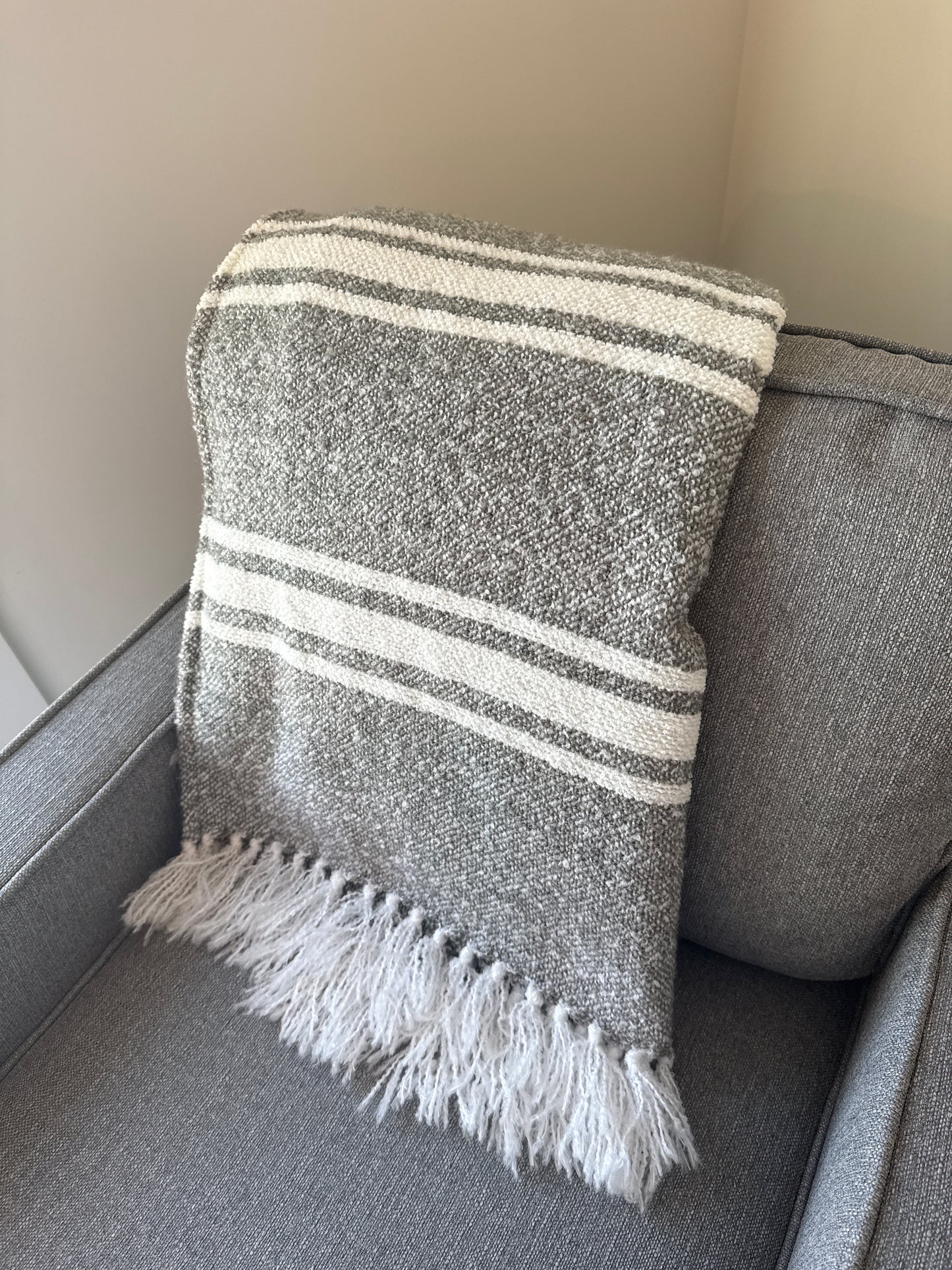 Gray and White Striped Fringe Throw Blanket