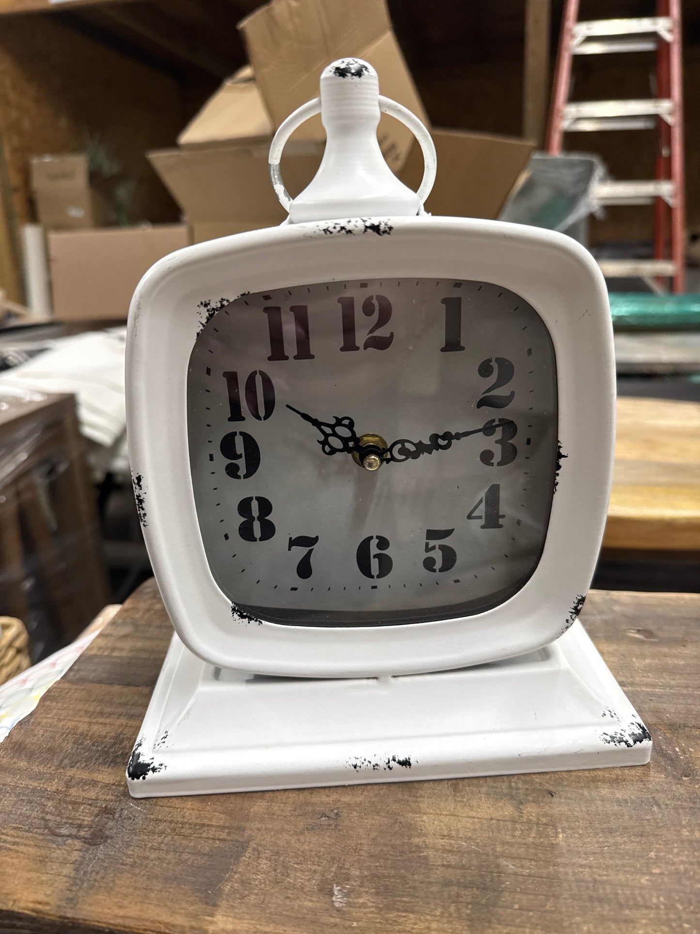 White Distressed Metal Mantel Clock