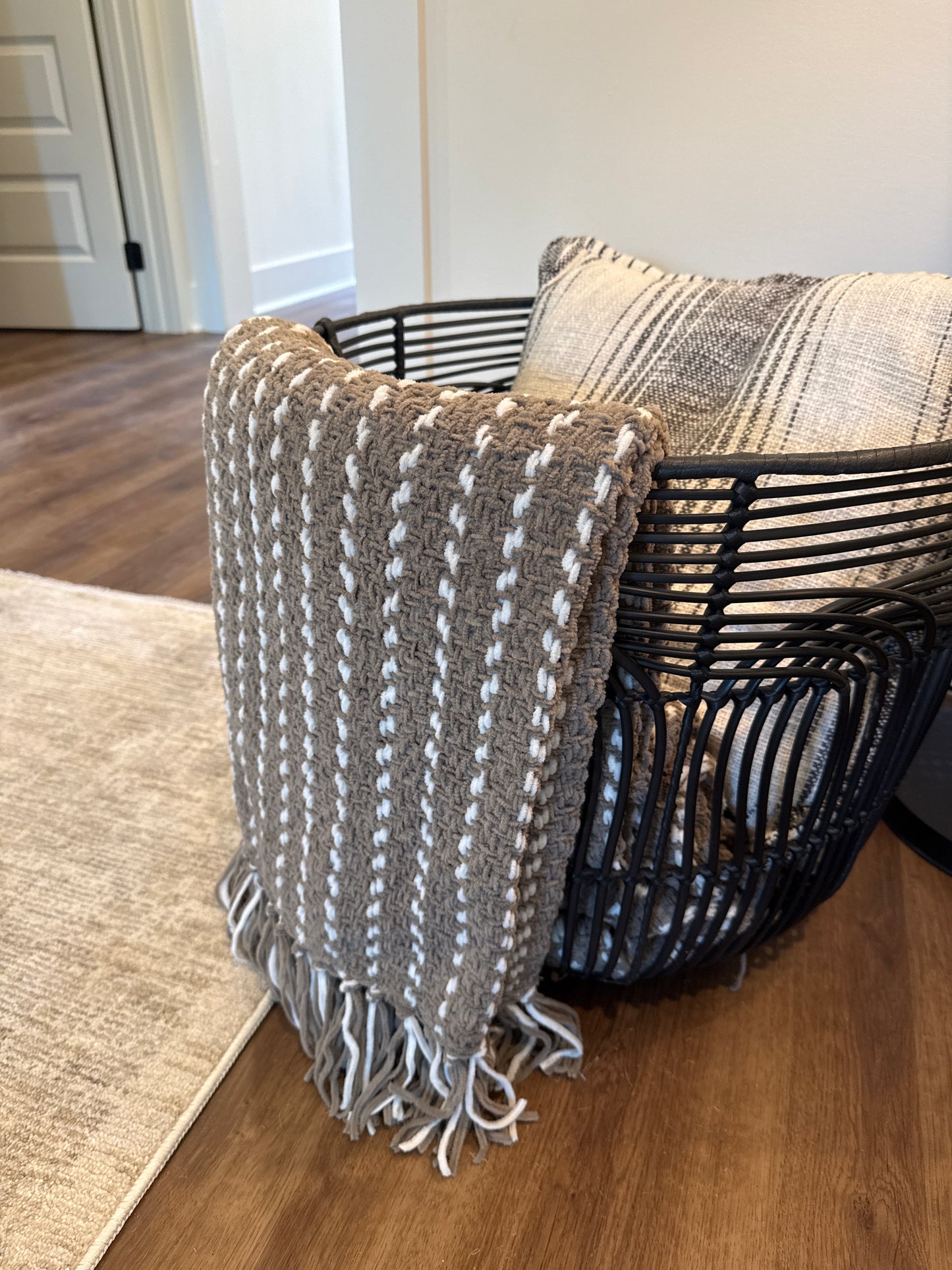 Brown and White Tassled Throw Blanket