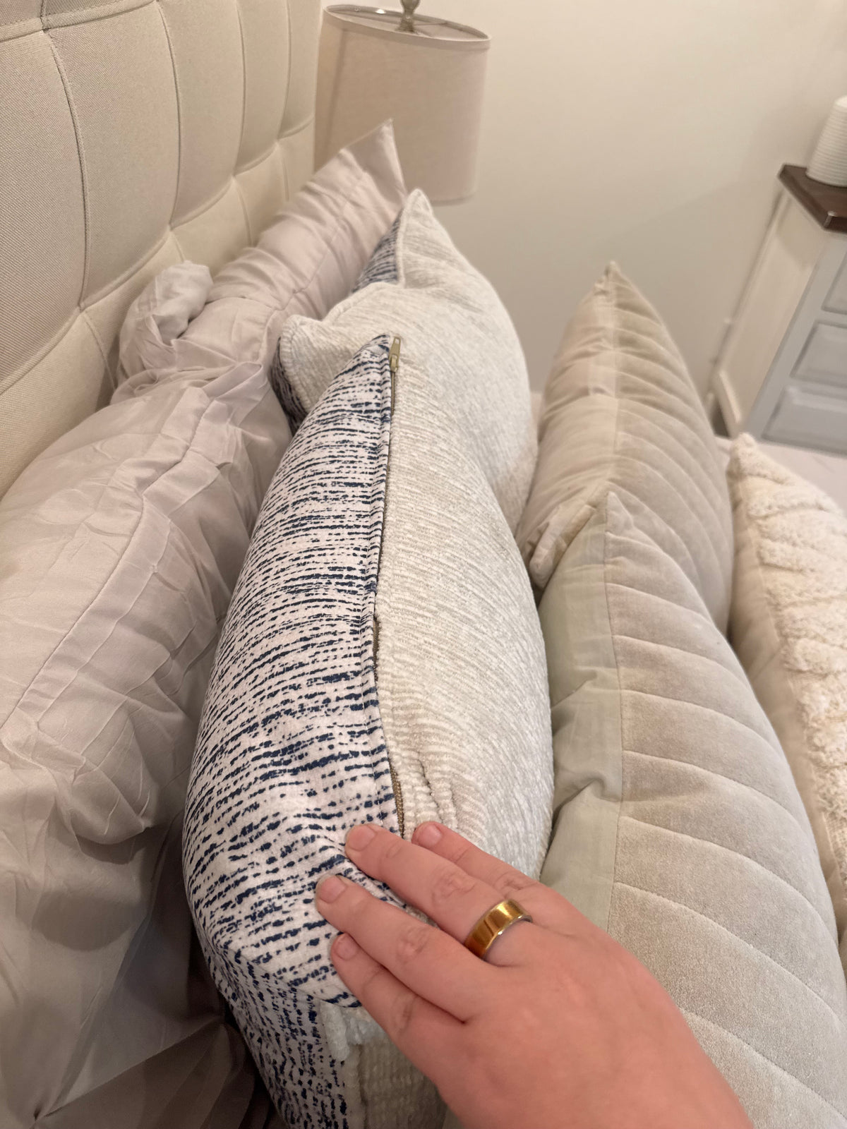White and Blue Line Dot Pillow