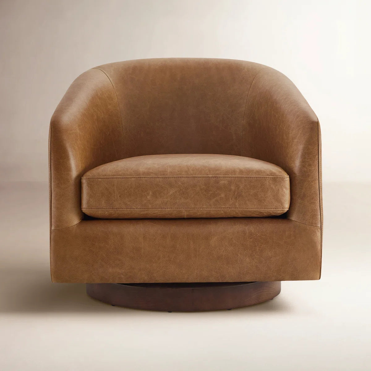 Brown Genuine Leather Swivel Barrel Chair