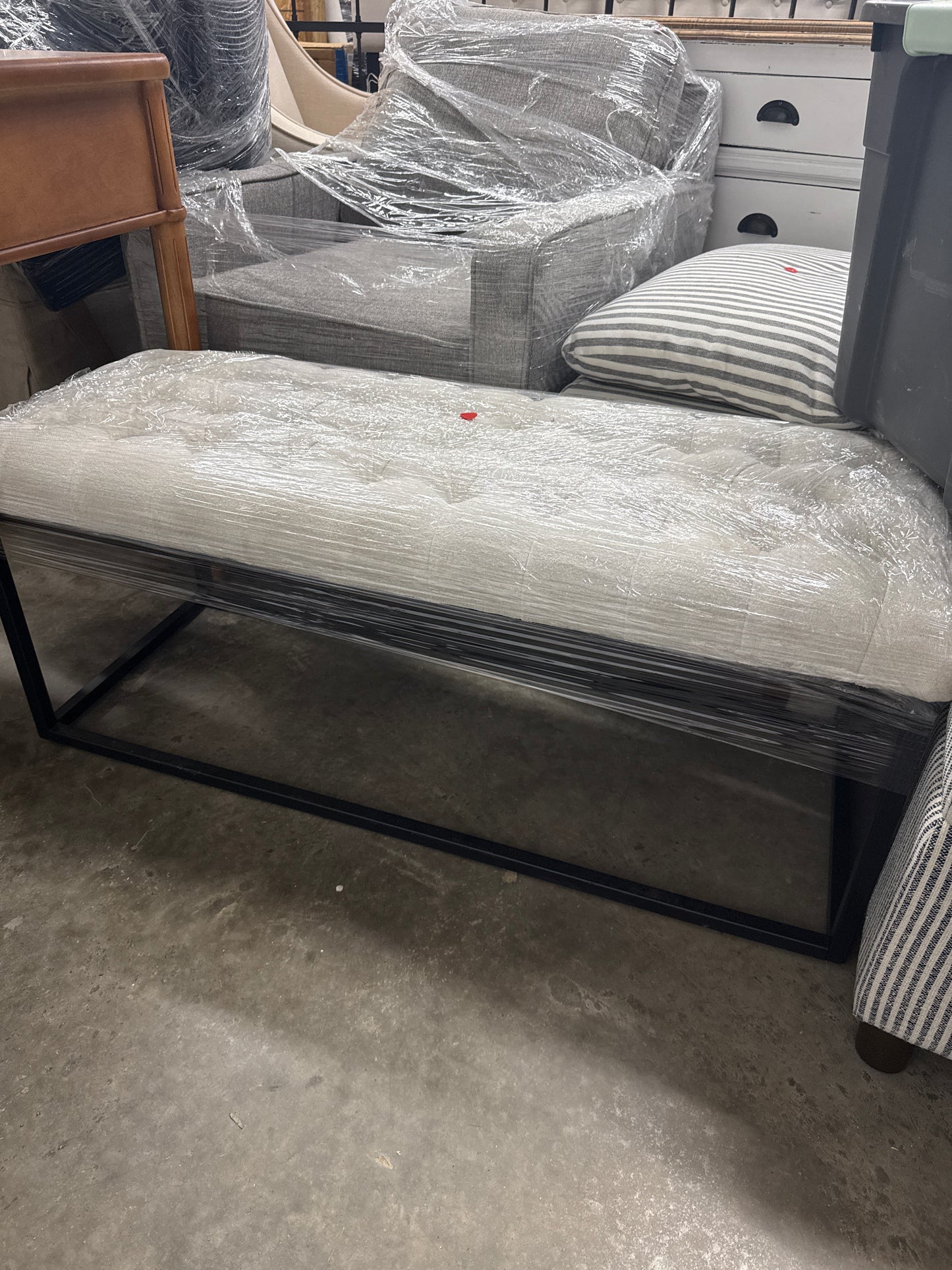 White Tufted Upholstered Bench with Black Metal Frame