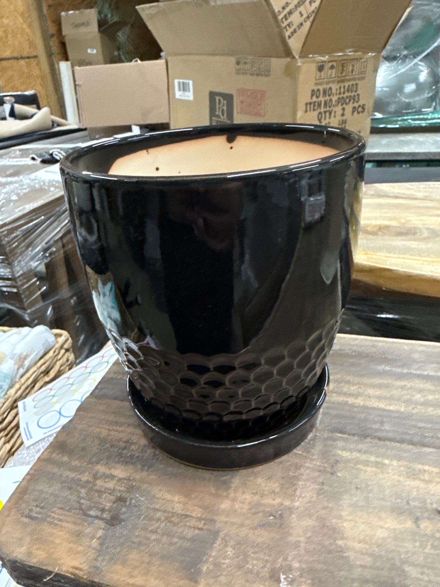 Black Glazed Ceramic Planter with Saucer