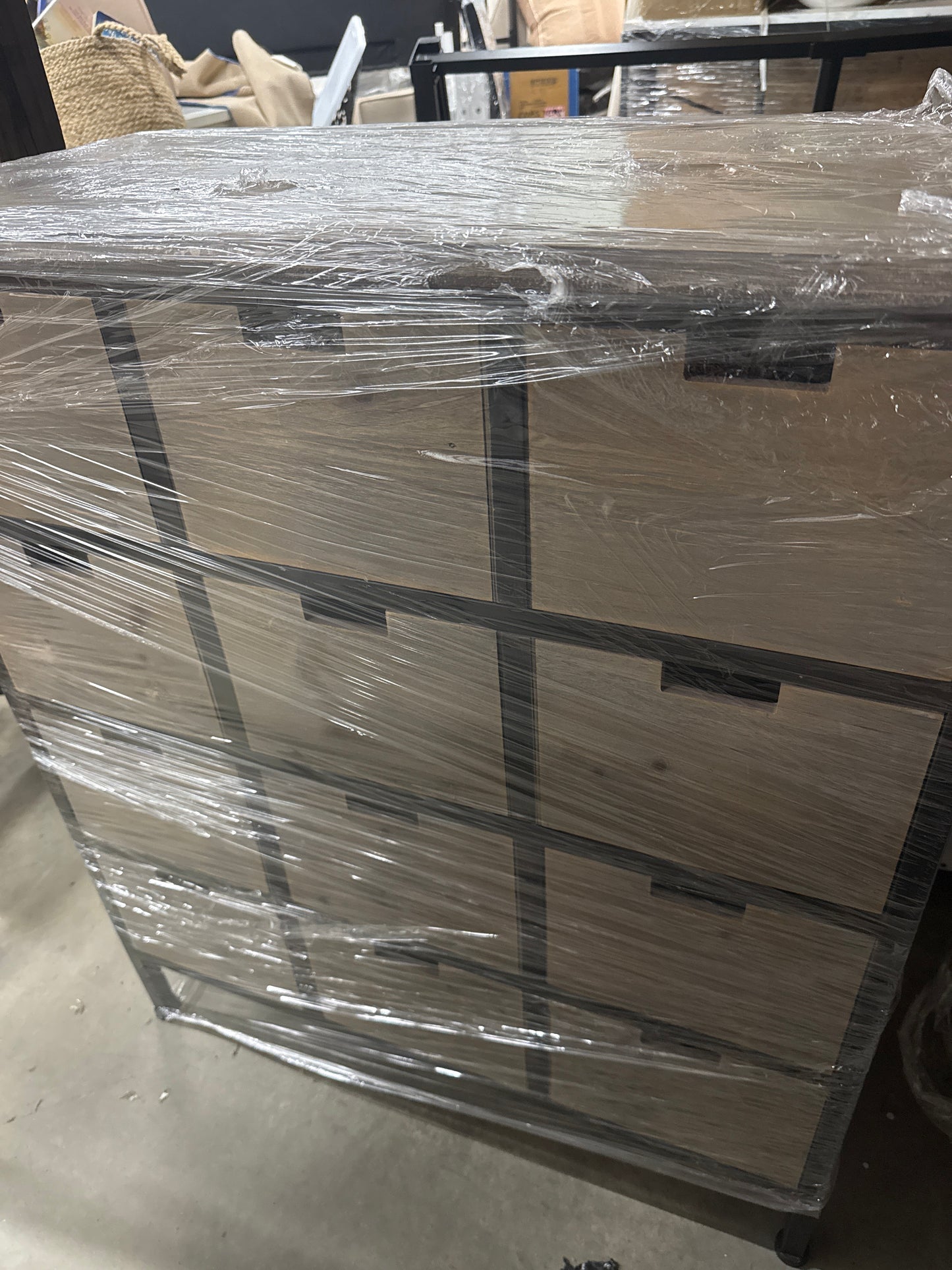 Gray Wood 6-Drawer Dresser with Black Metal Frame