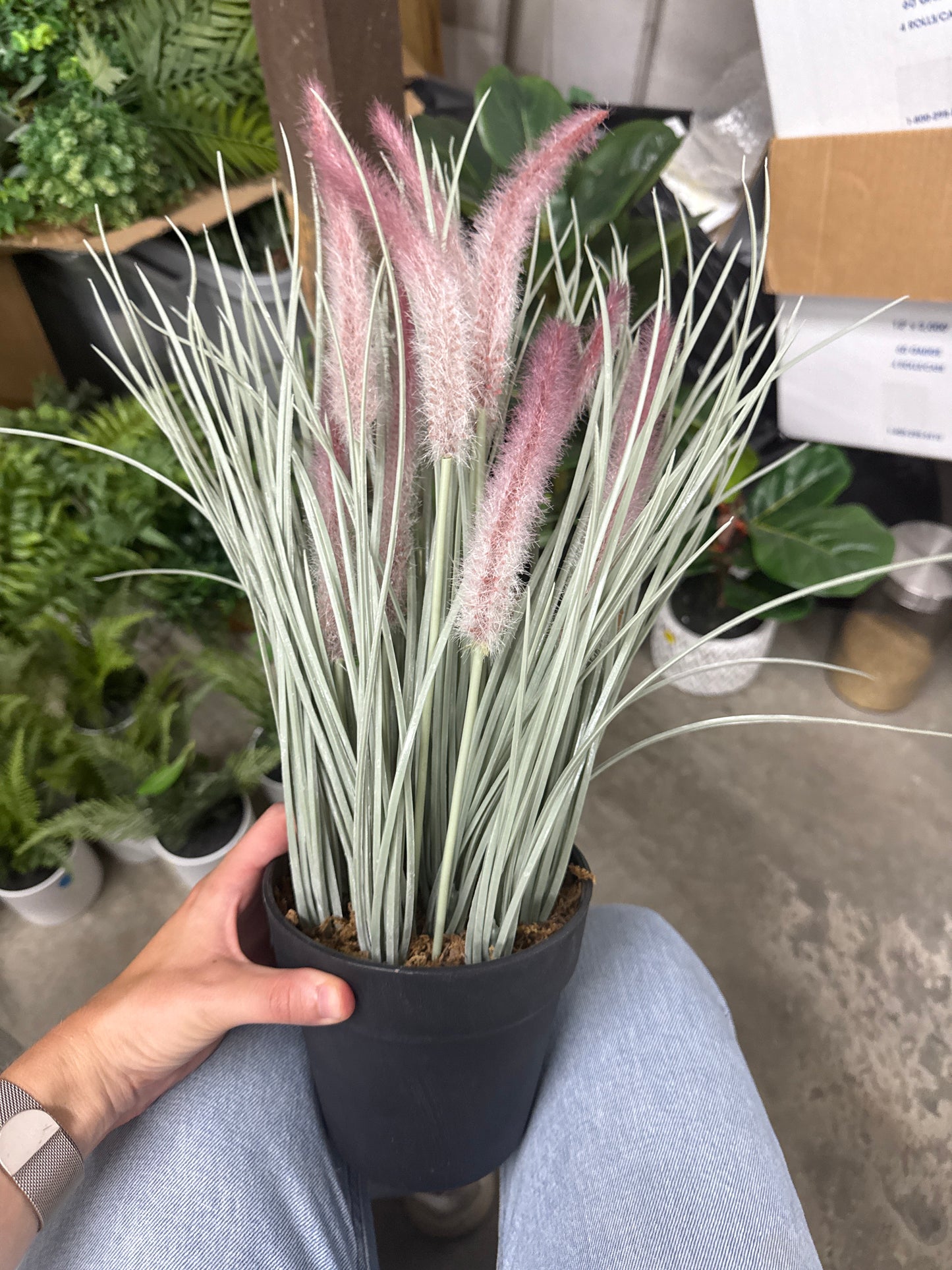 Faux Fountain Grass with Pink Plumes - Black Pot