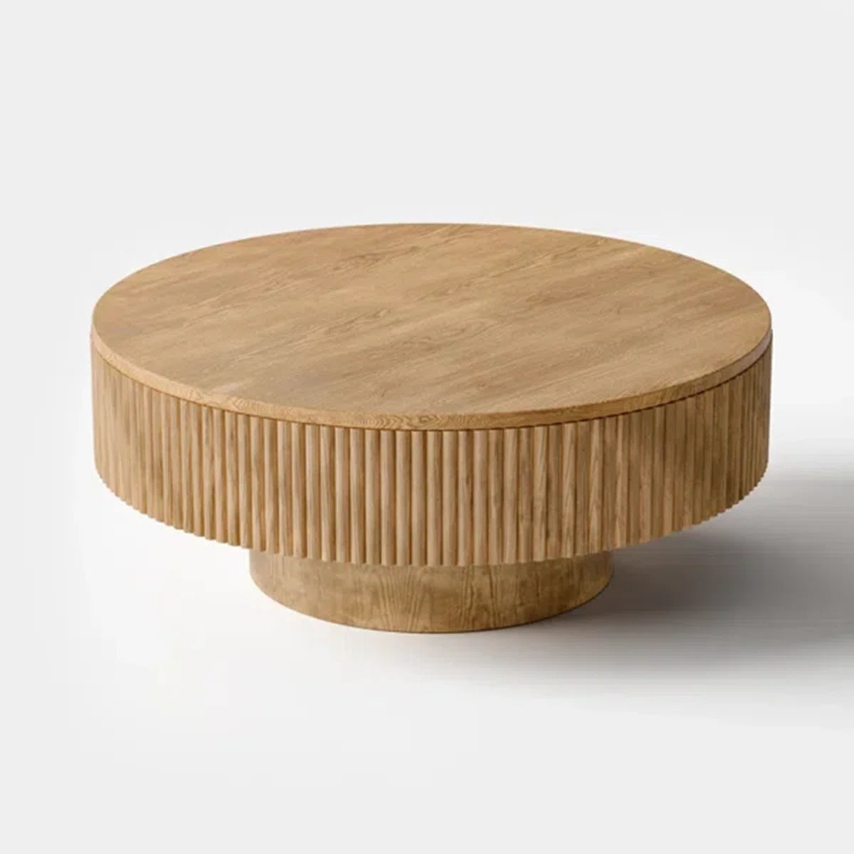 Pedestal Round Coffee Table, Handcrafted Solid Wood Fluted Design