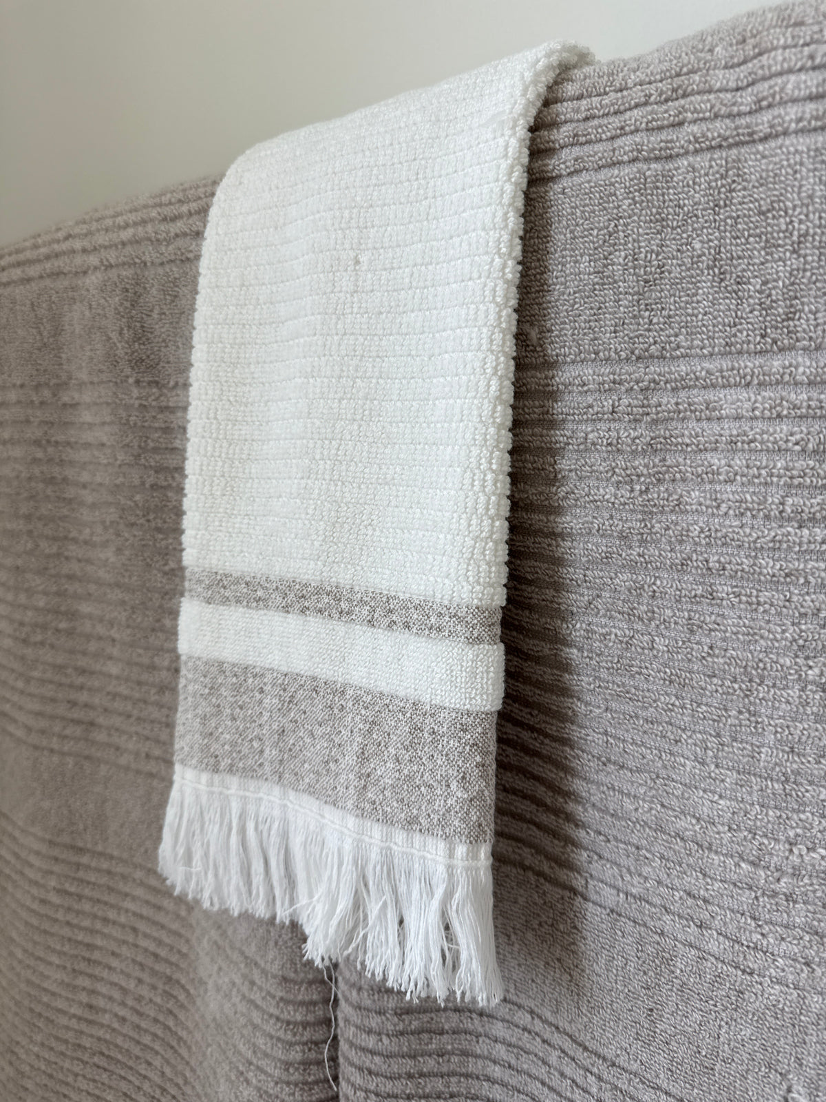 White and Latte Fringed Hand Towel