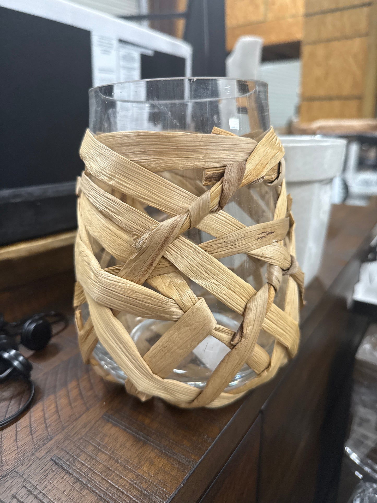 Woven Seagrass Glass Hurricane Vase