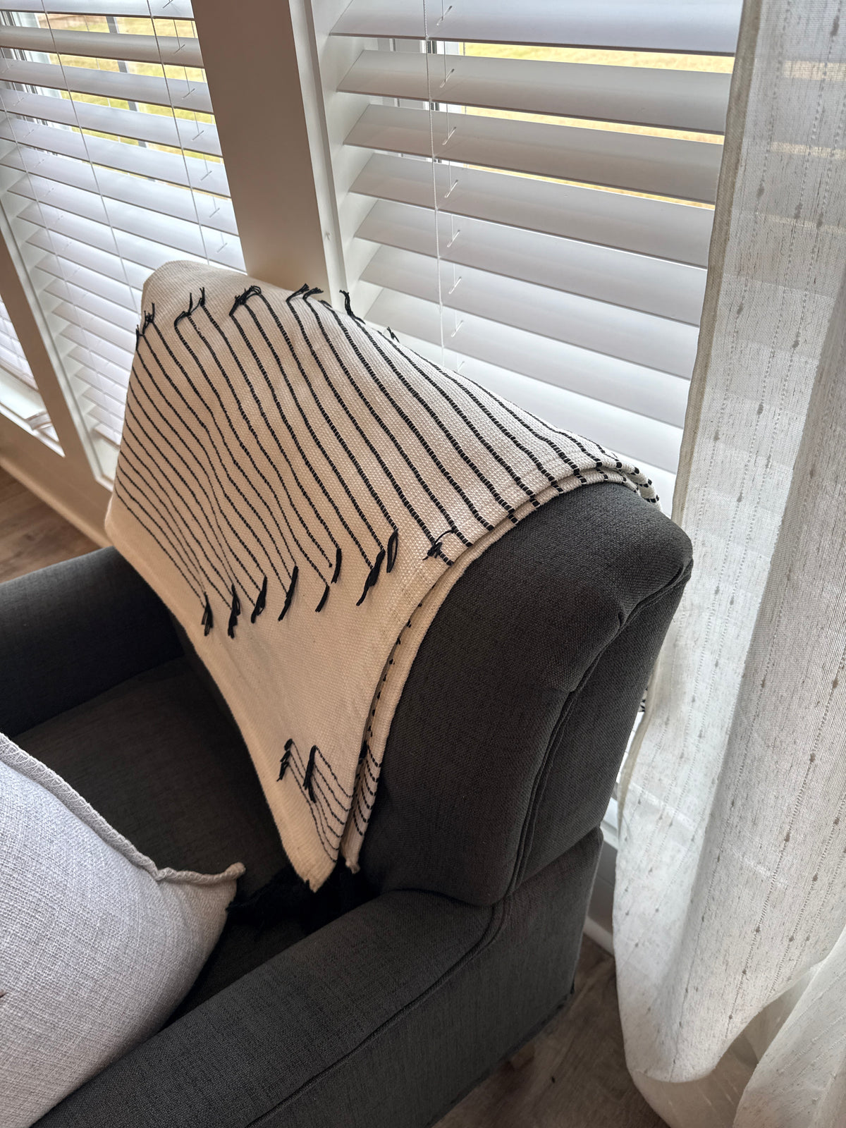 Off-White and Black Line Tassel Throw Blanket
