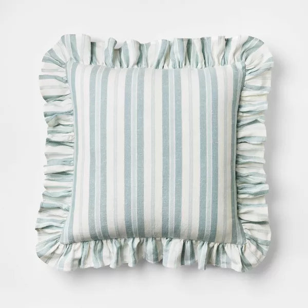 Square Woven Stripe Throw Pillow with Ruffle Blue/Ivory
