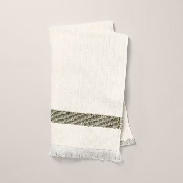 Textured Stripe Terry Hand Towel with Fringe Green/Cream