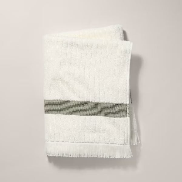 Textured Stripe Terry Bath Towel with Fringe Green/Cream
