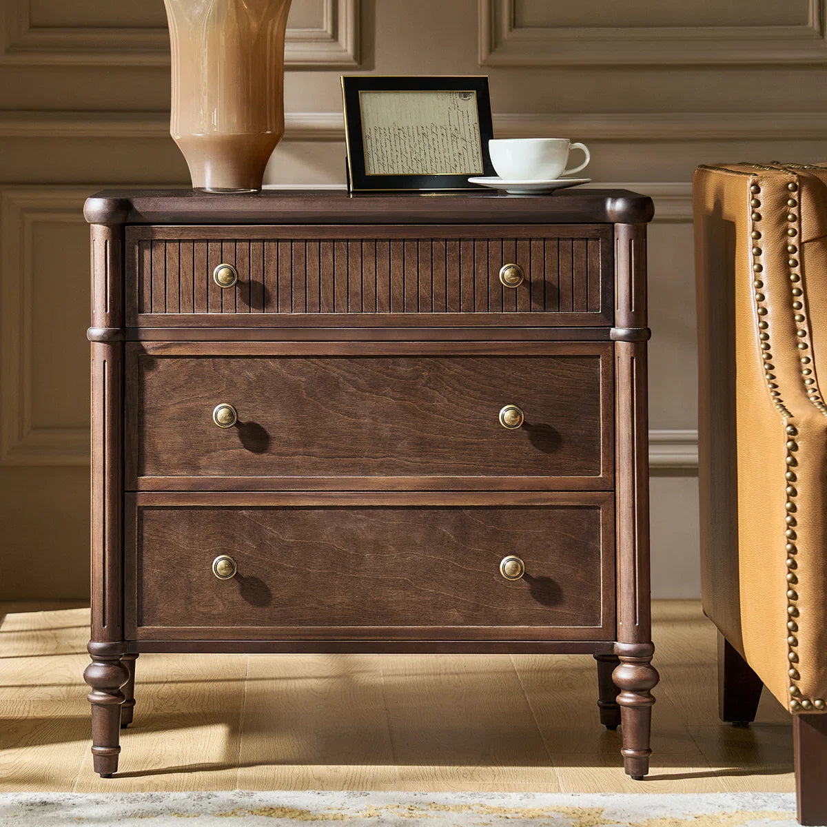 Transitional 28"W 3-Drawer Fluted Solid End Table with Built-in power outlets
