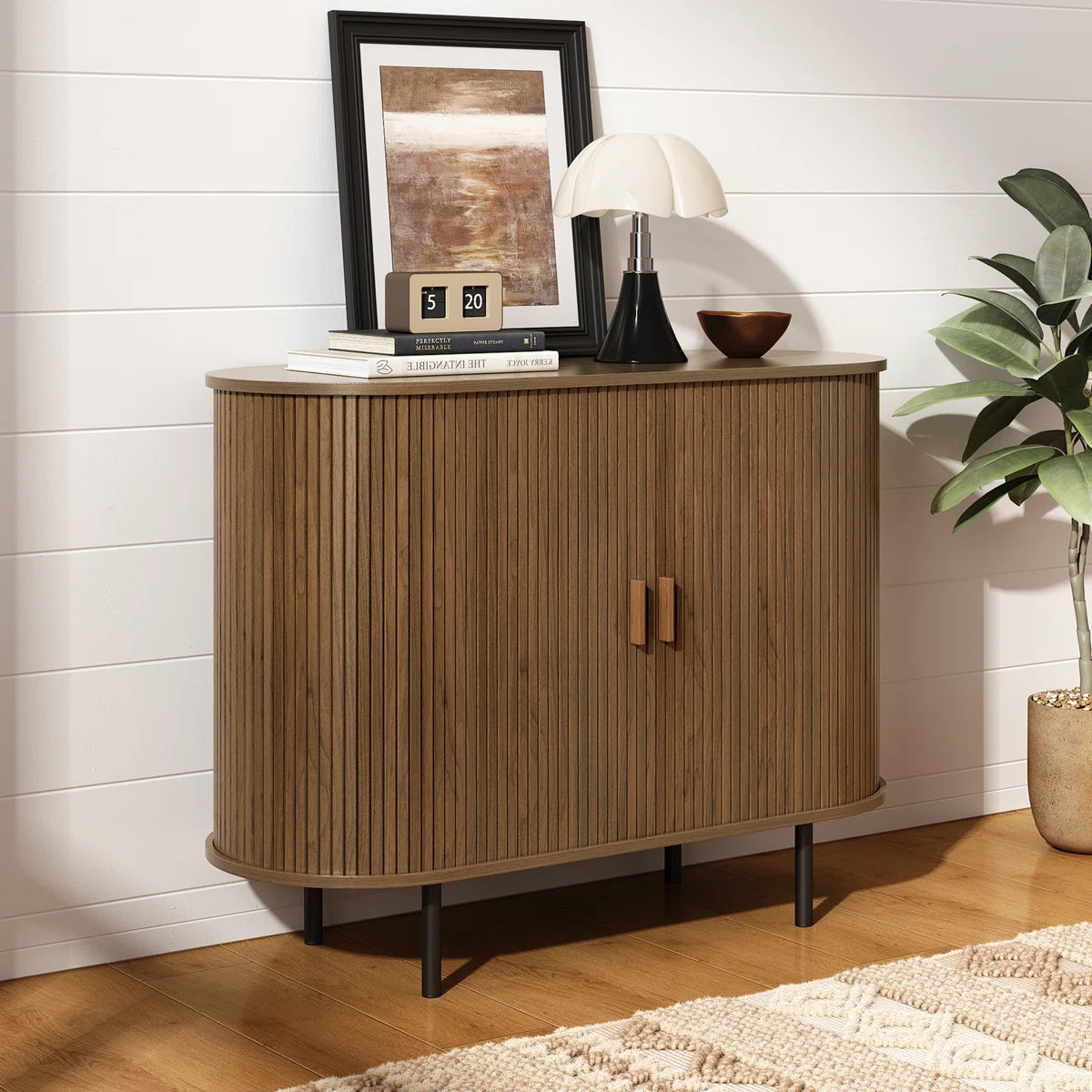 Walnut Slatted Wood Sideboard Storage Cabinet