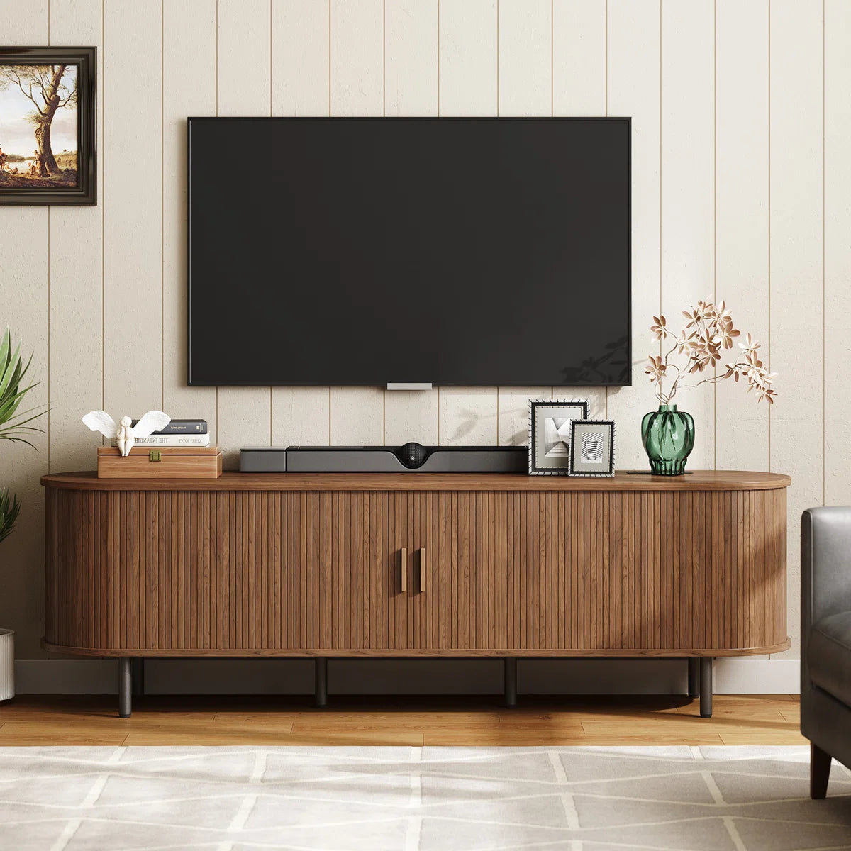 Walnut Slatted Wood Tv Stand With Storage And Shelves
