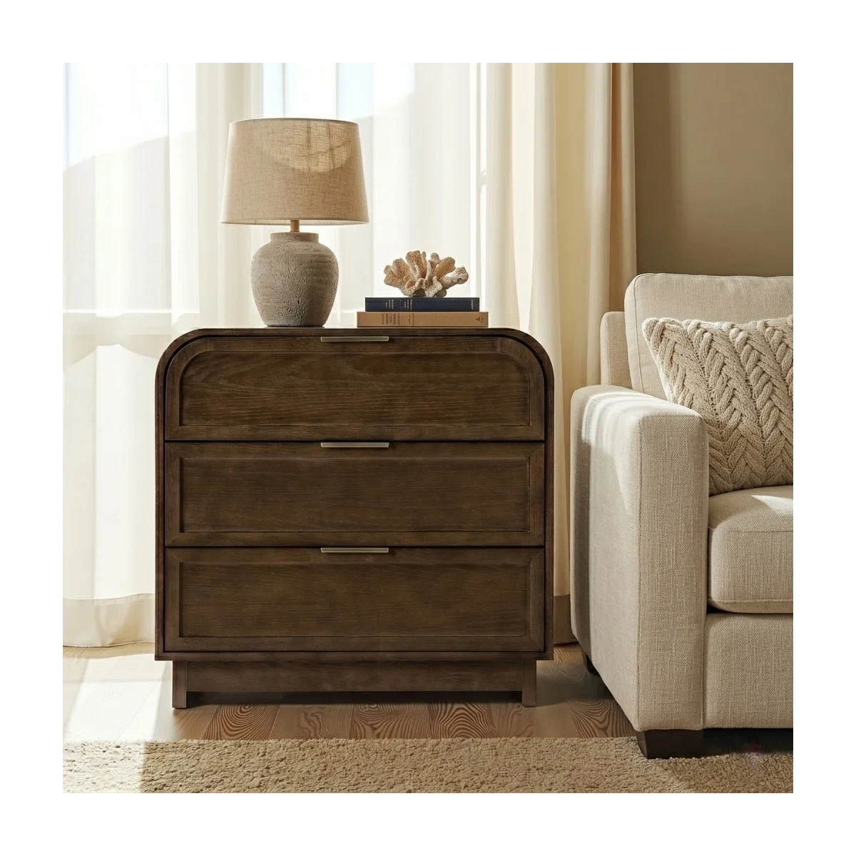 Modern 3-Drawer Arched End Table in Walnut