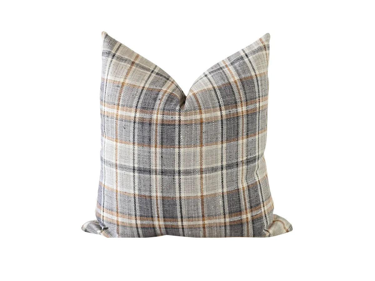 Charcoal Grey, Rust Orange and Navy Plaid Pillow Cover