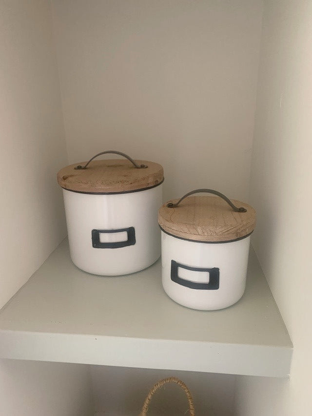 White Canisters with Wooden Lids - Set of 2