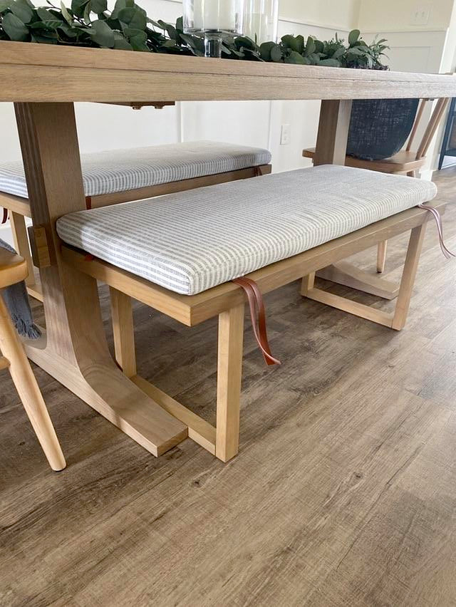 Wooden Bench with Gray Striped Cushion - Set of 2