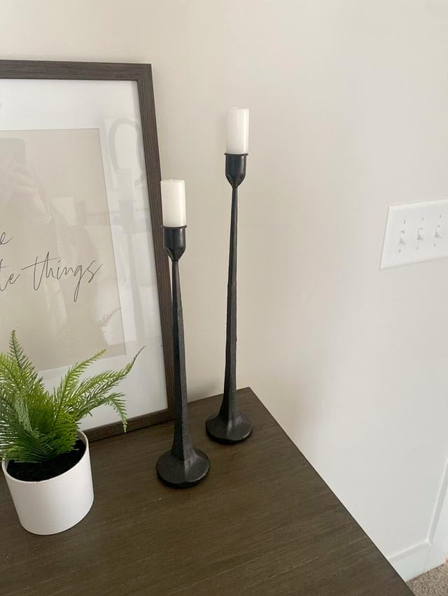 Black Metal Candlestick Holders with White Tapers - Set of 2