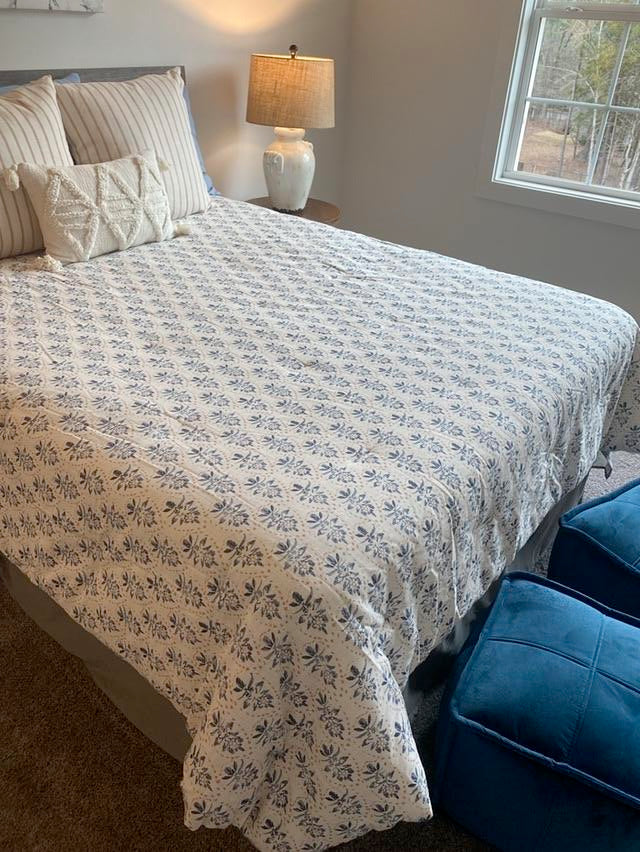 Blue and White Patterned Quilt - Queen
