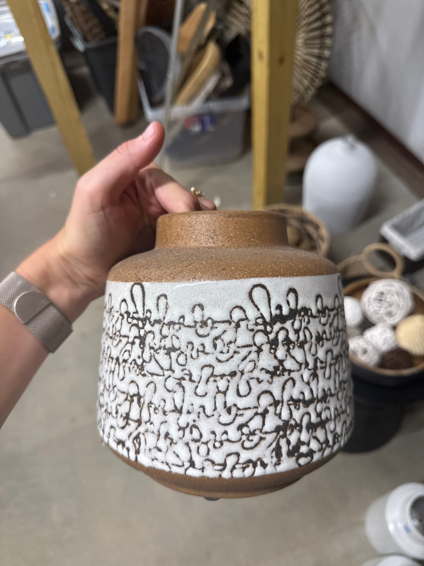 Small Stoneware Vase - Black Abstract Pattern with Rope Handle