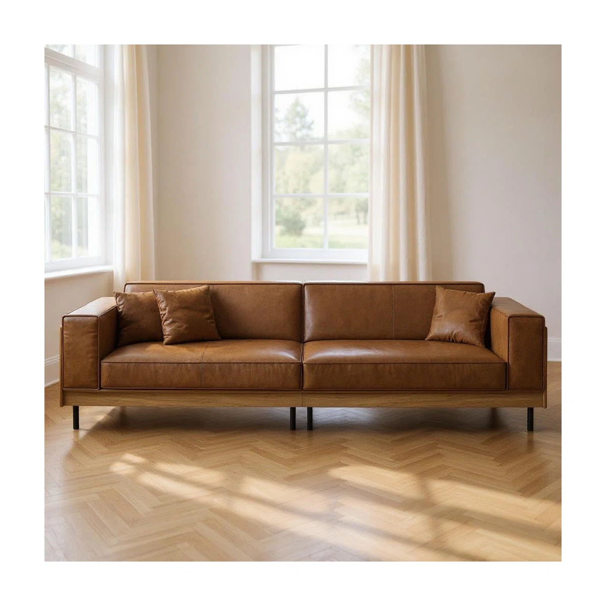 111.8'' Mid Century Modern 4 Seat Leather Sofa With Wide Armrests