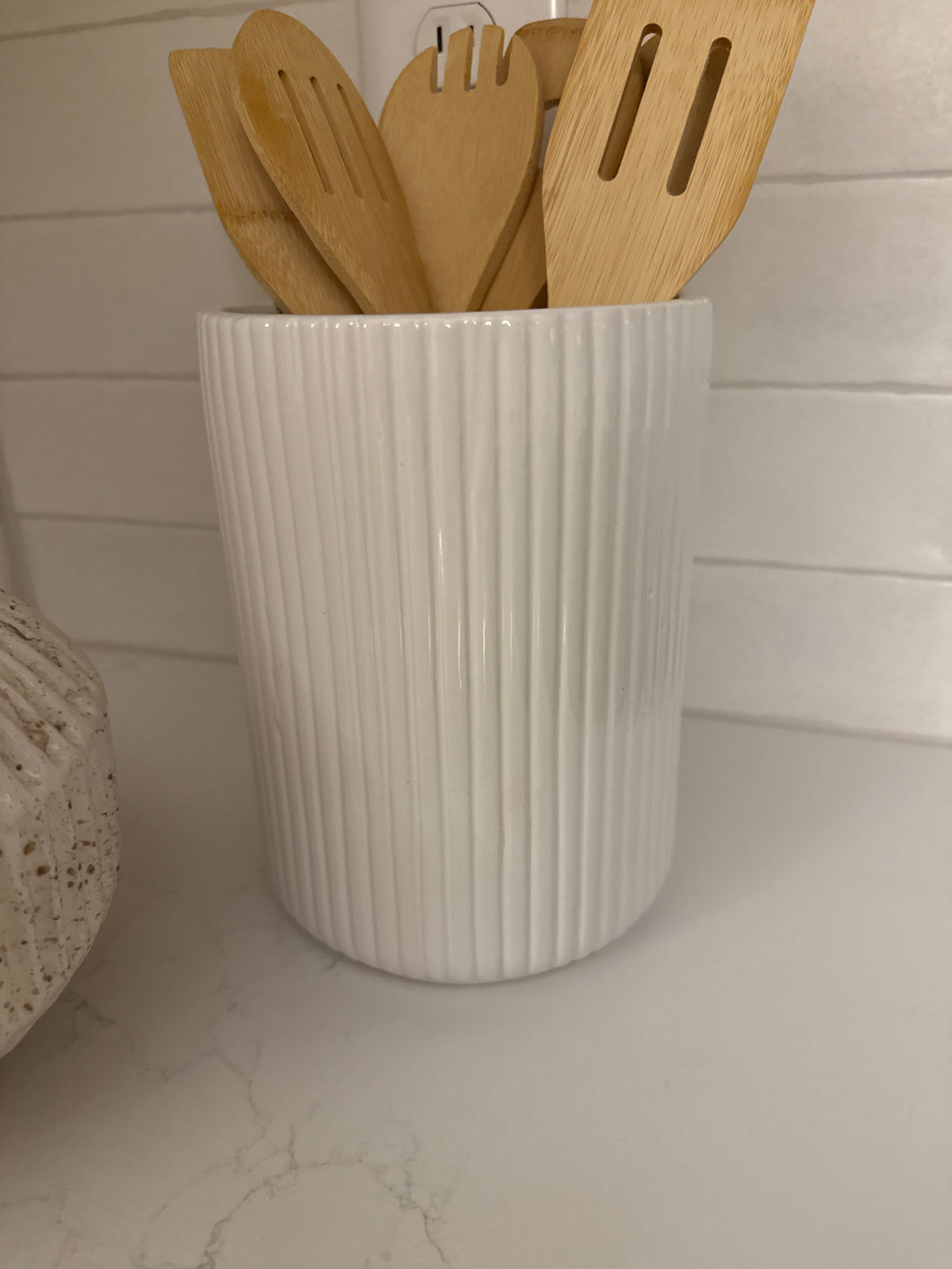 White Lined Utensil Holder