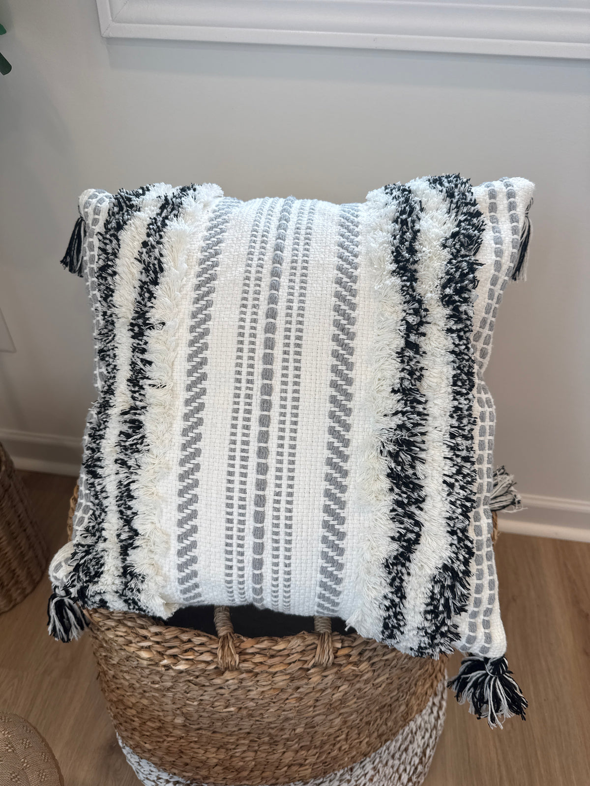 Black and White Striped Tassel Pillow