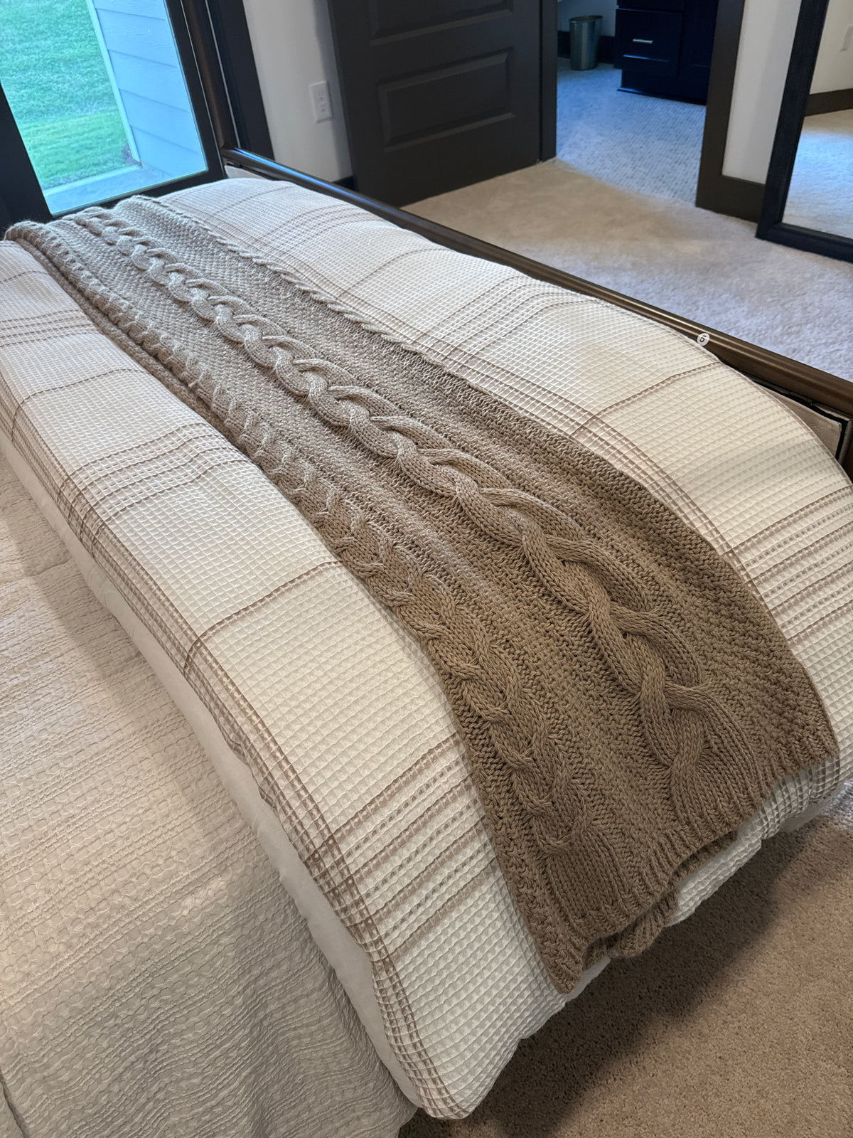 White with Brown Lined Waffle Comforter- Queen