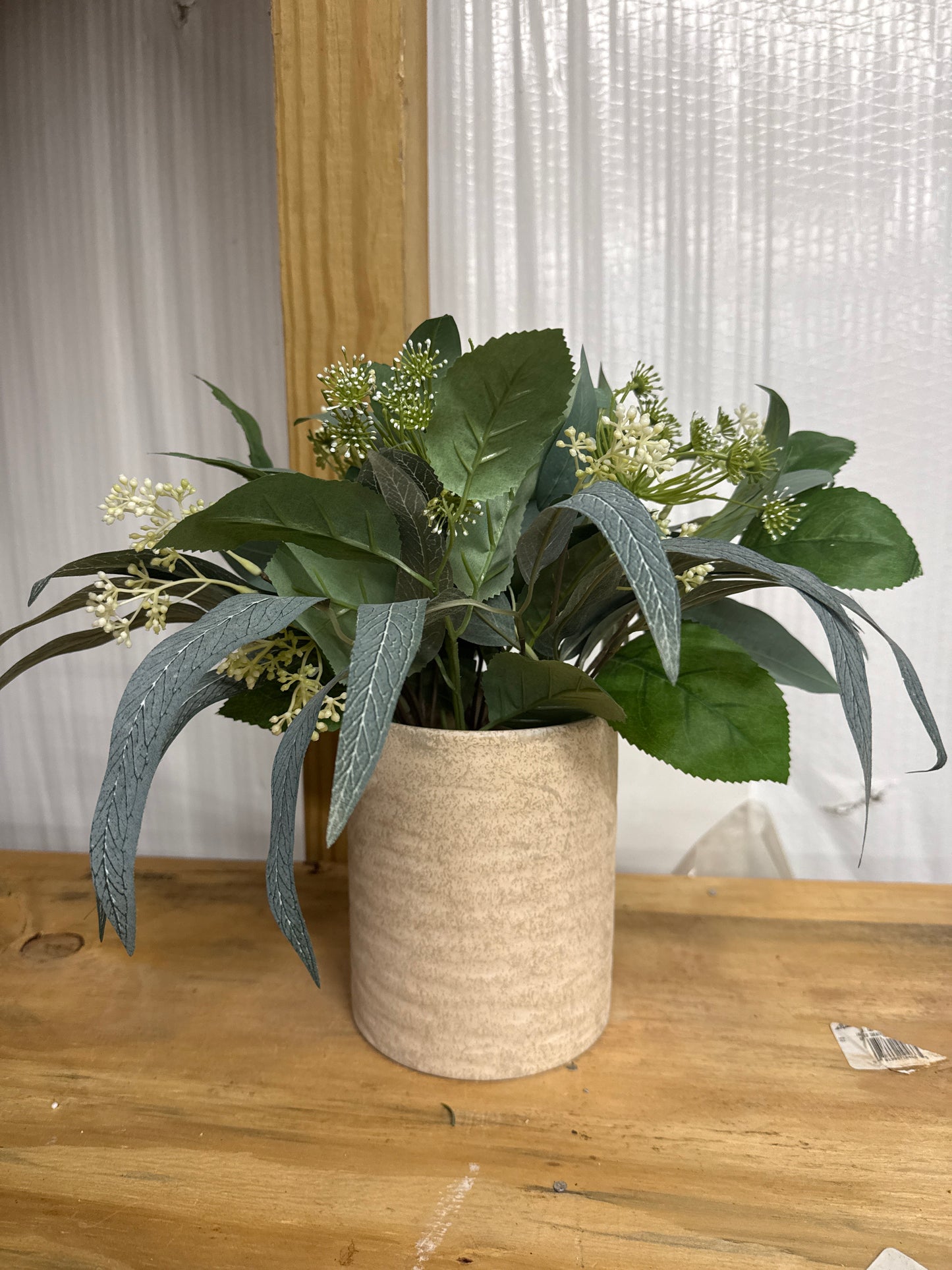 Faux Floral Greenery Arrangement - Cream Textured Pot