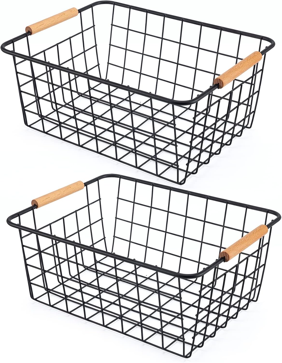 Black Wire Storage Baskets with Wooden Handles