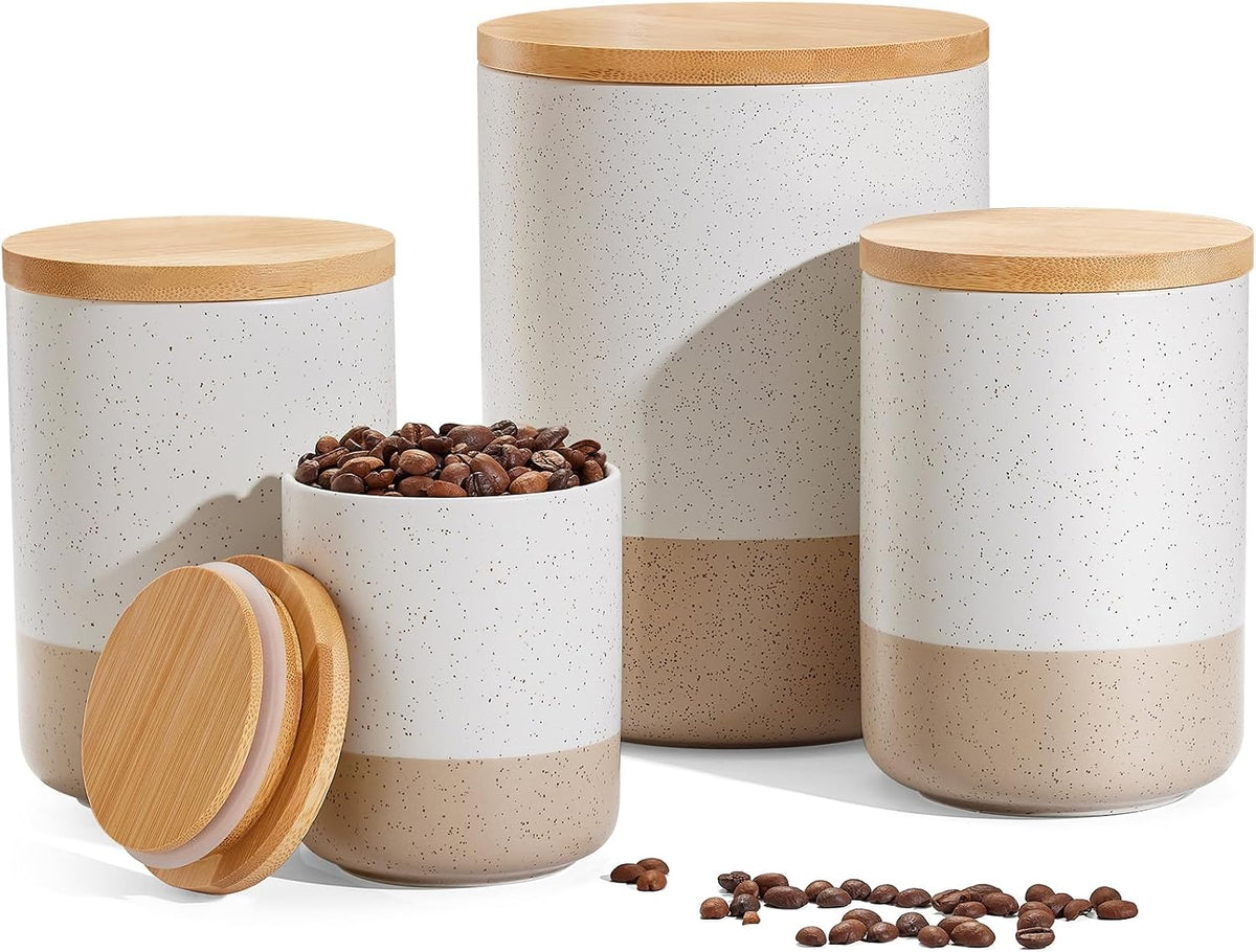 White and Tan Dotted Kitchen Cannister w/ Wood Lid