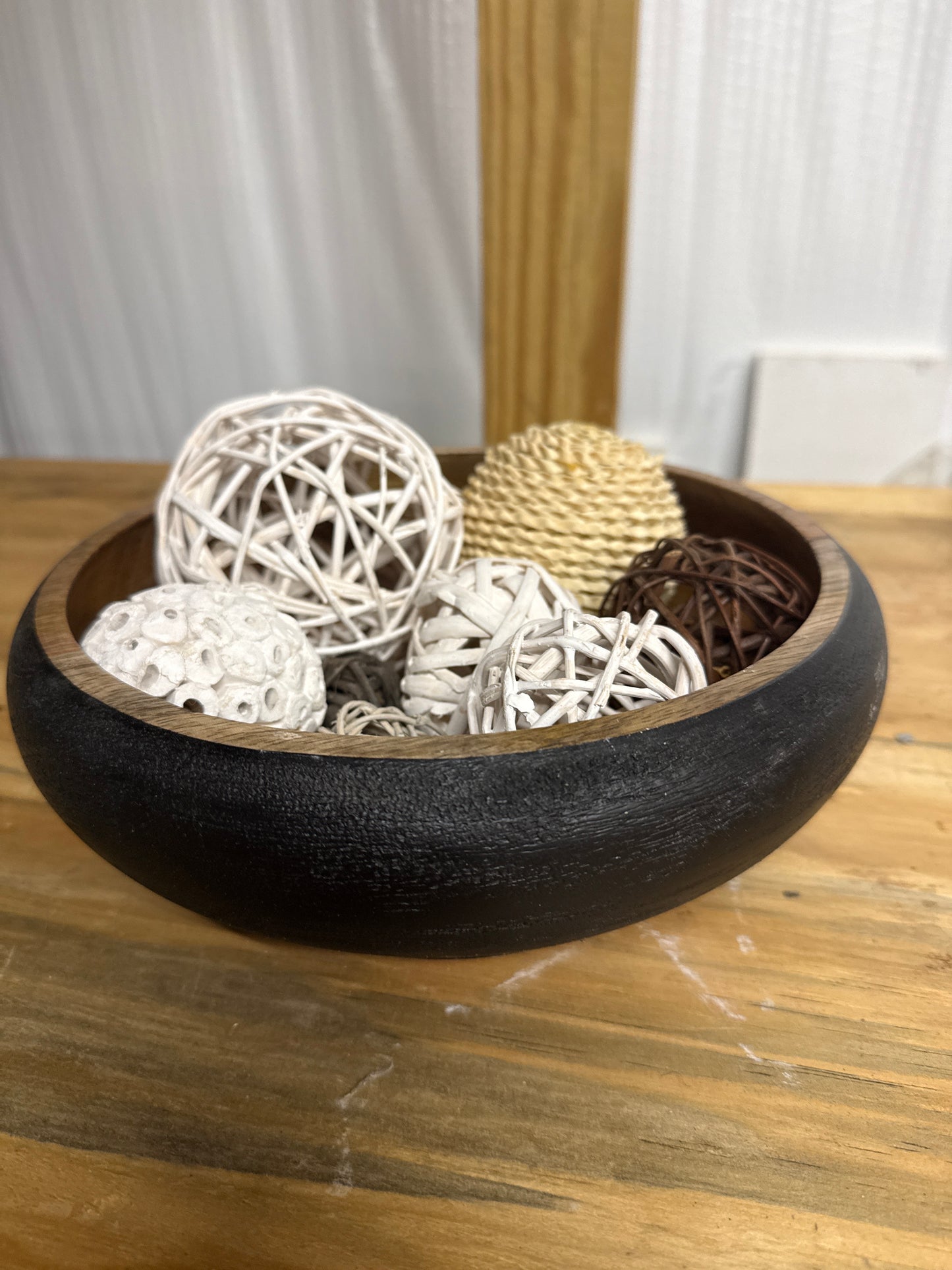 Black Wooden Bowl with Decorative Balls