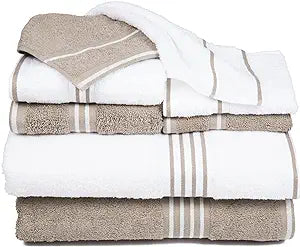 White and Taupe Towels - Set of 8