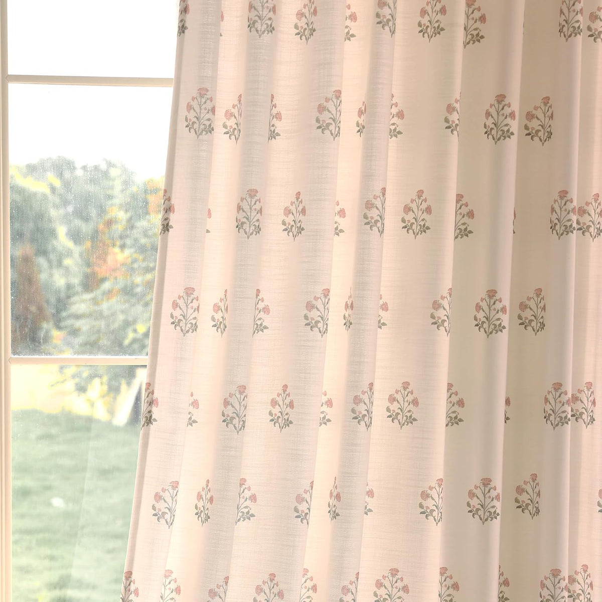 Beige White Linen Blend Pinch Pleated Floral Curtains 108"