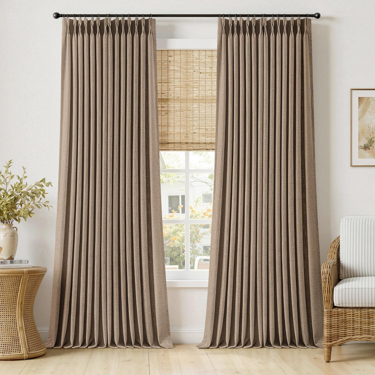 Pinch Pleated Linen Curtains 108 Inches 2 Panels Linen Brown
