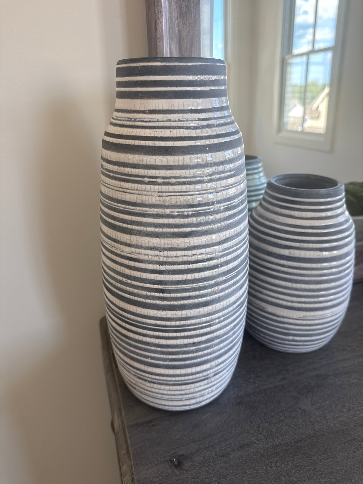 Tall White and Gray Stripe Vase