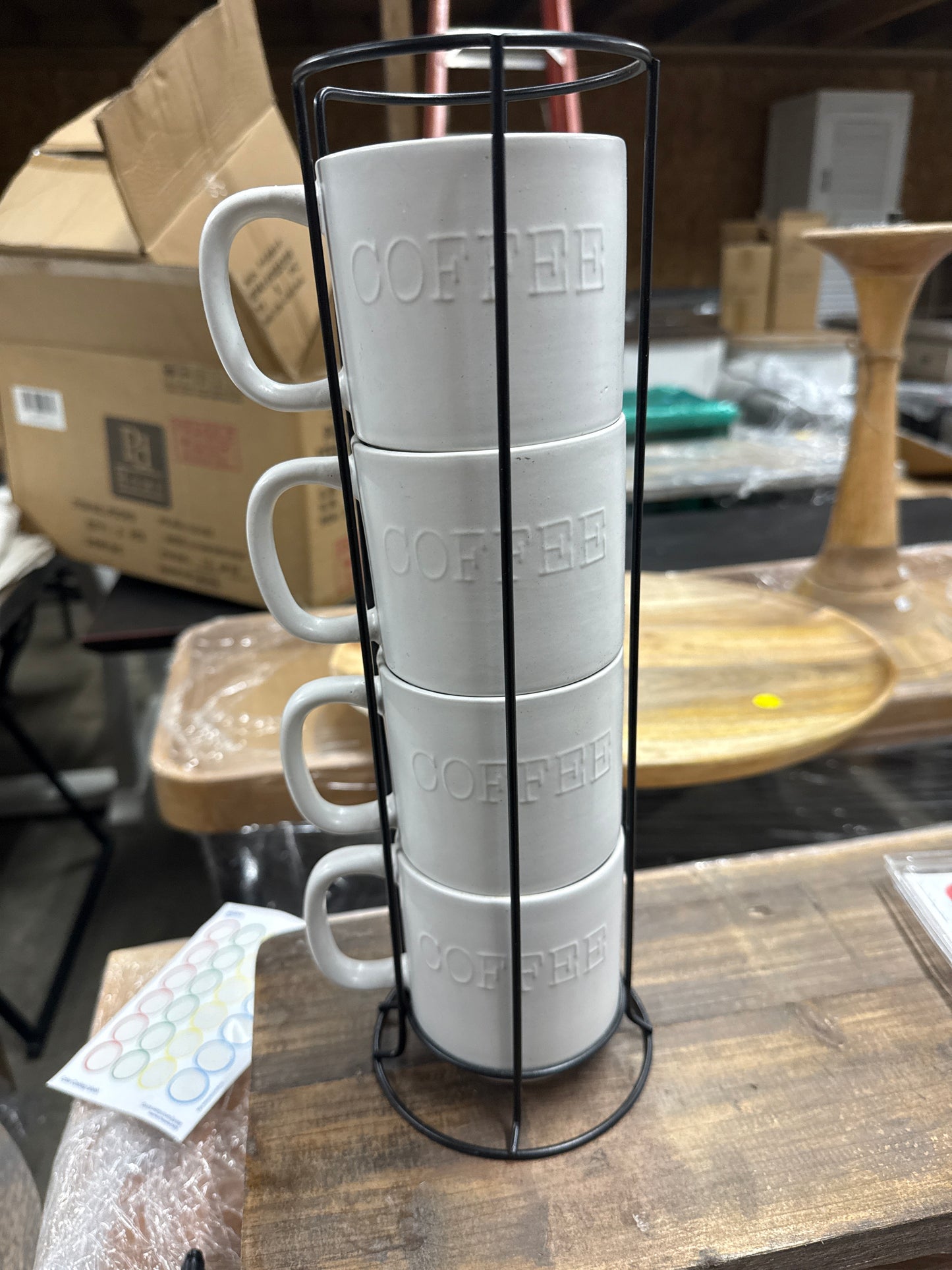 Stacking Coffee Mugs with Metal Rack (Set of 4)