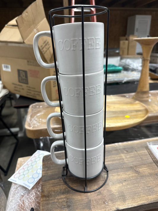 Stacking Coffee Mugs with Metal Rack (Set of 4)