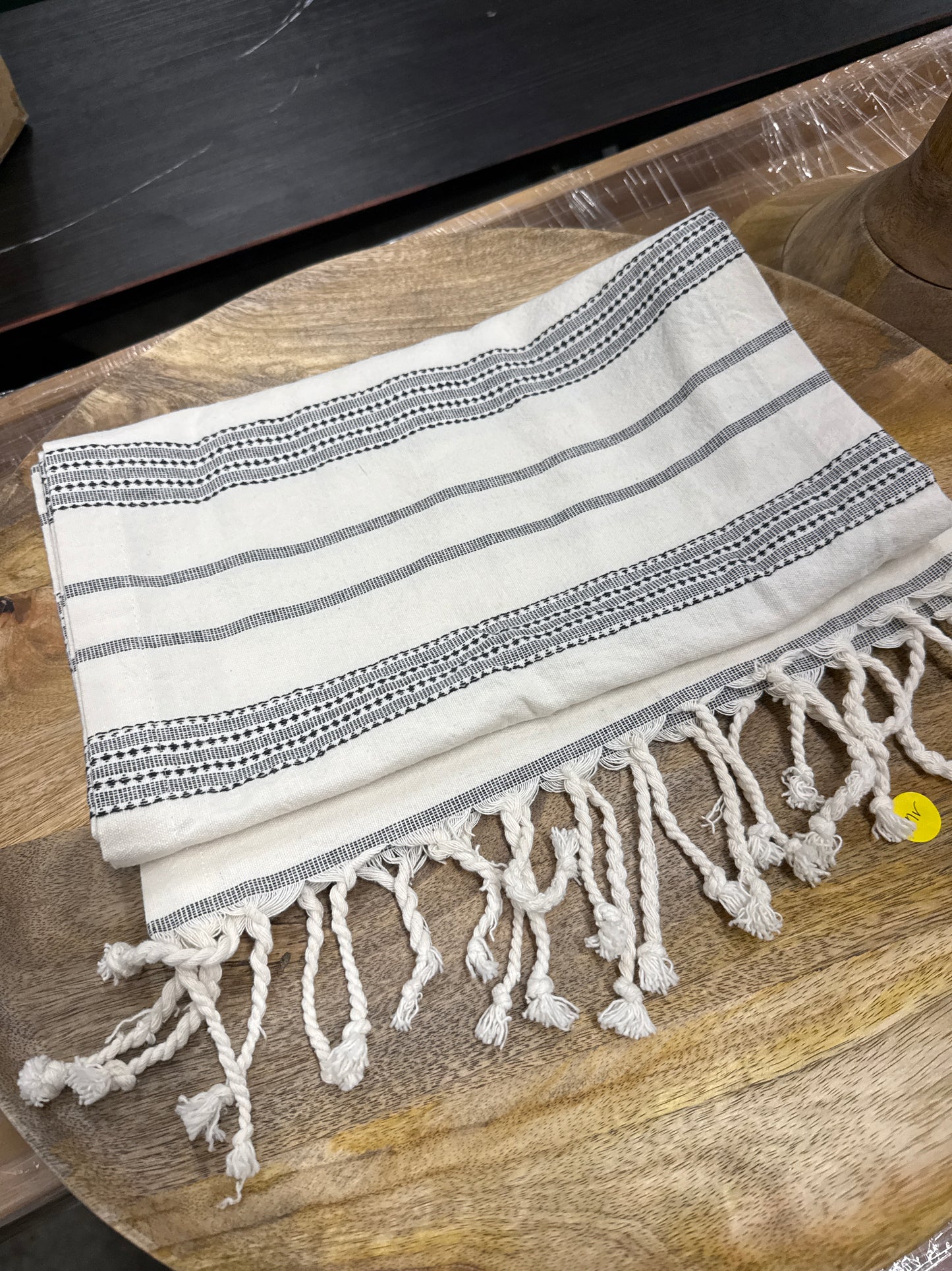 White & Black Striped Table Runner with Tassel Fringe